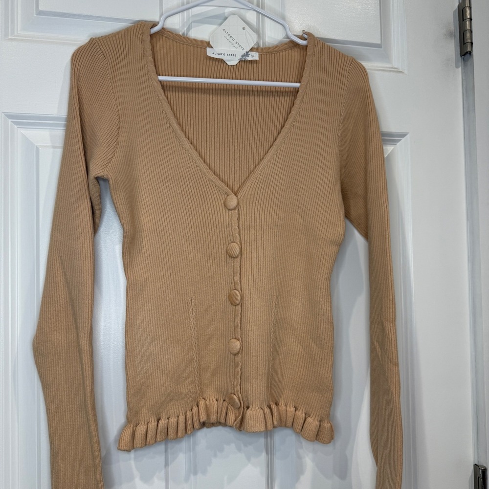 Altar'd State Almond Ribbed Ruffle Trim Button Front Cardigan Size Large - Picture 3 of 5